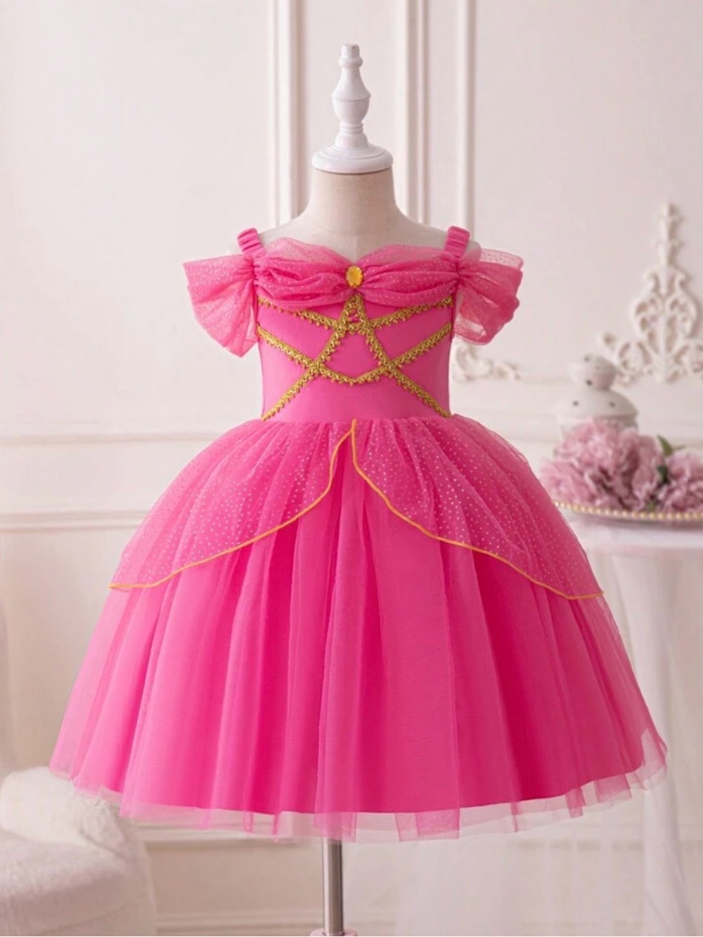 SHEIN Bright Pink Tulle Princess Dress with Gold Trim